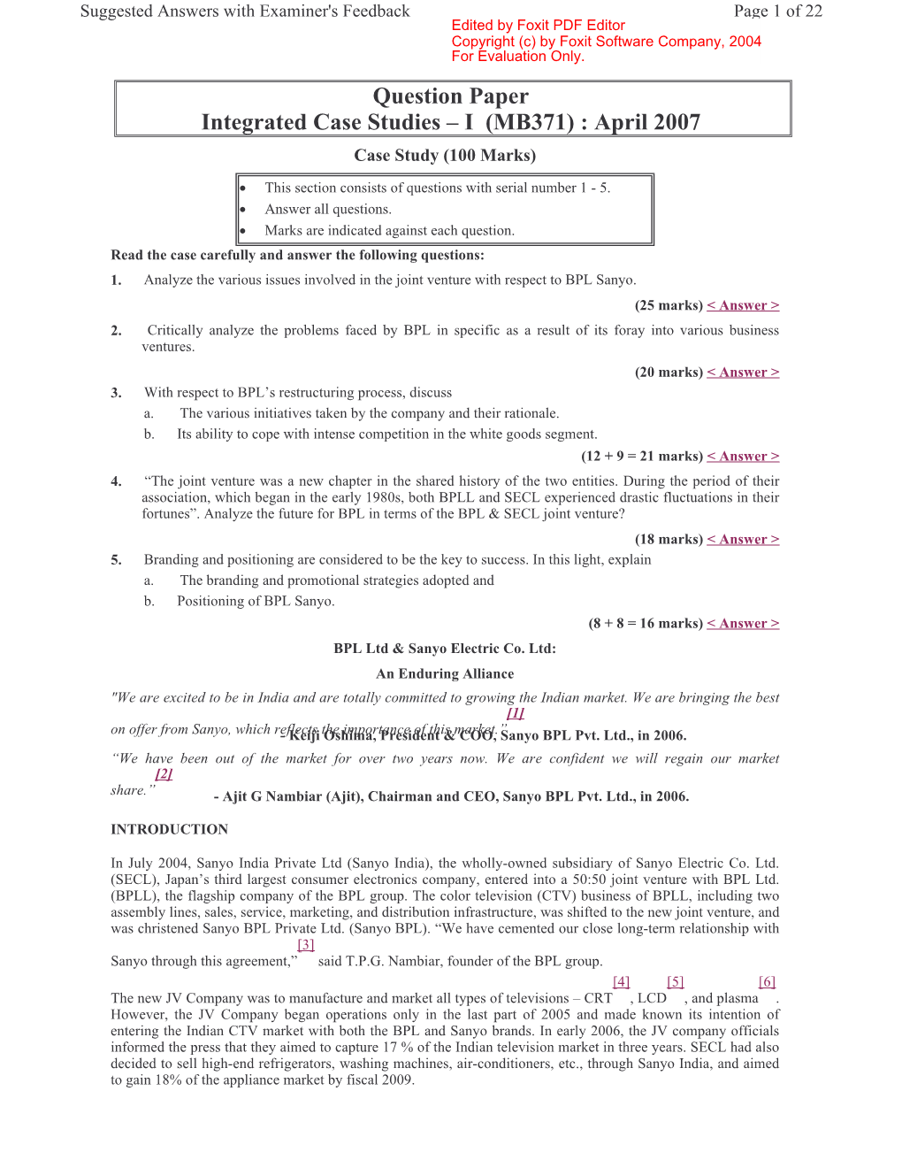 Question Paper Integrated Case Studies Œ I (MB371) : April 2007