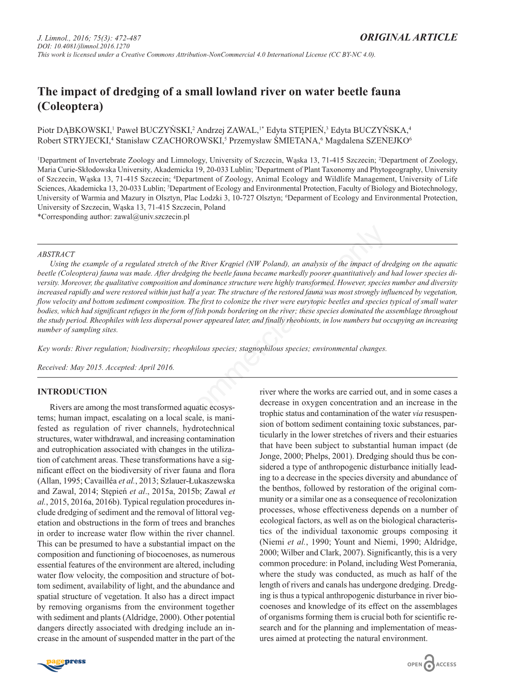 The Impact of Dredging of a Small Lowland River on Water Beetle Fauna (Coleoptera)