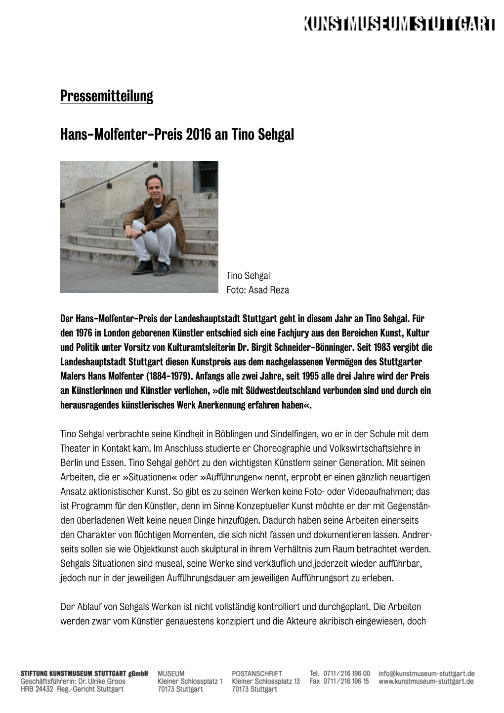 Hans‐Molfenter‐Preis 2016 an Tino Sehgal