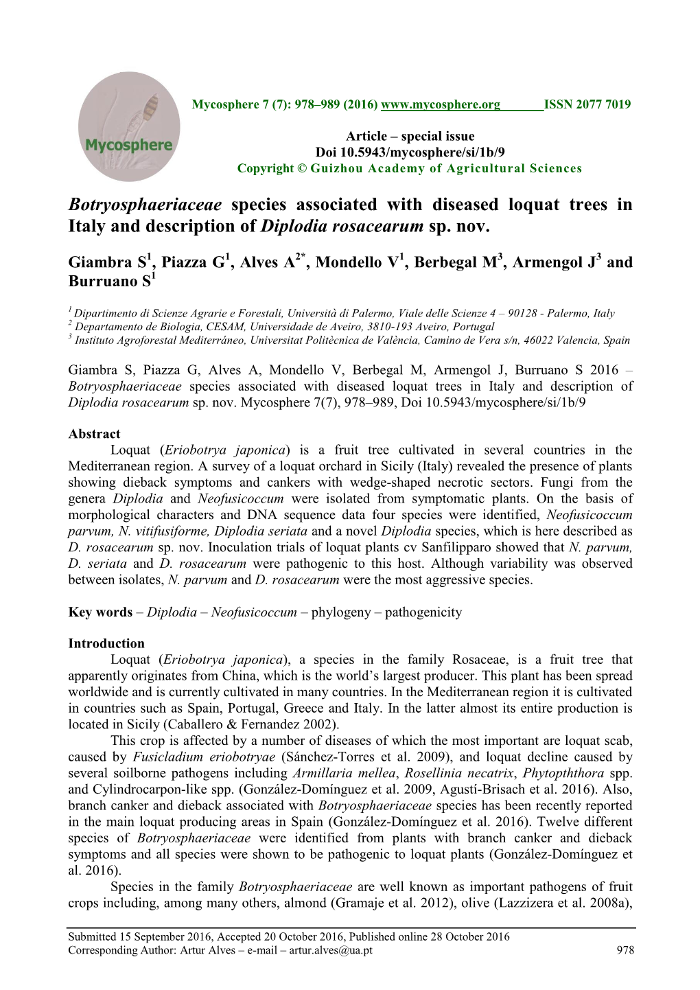 Botryosphaeriaceae Species Associated with Diseased Loquat Trees in Italy and Description of Diplodia Rosacearum Sp