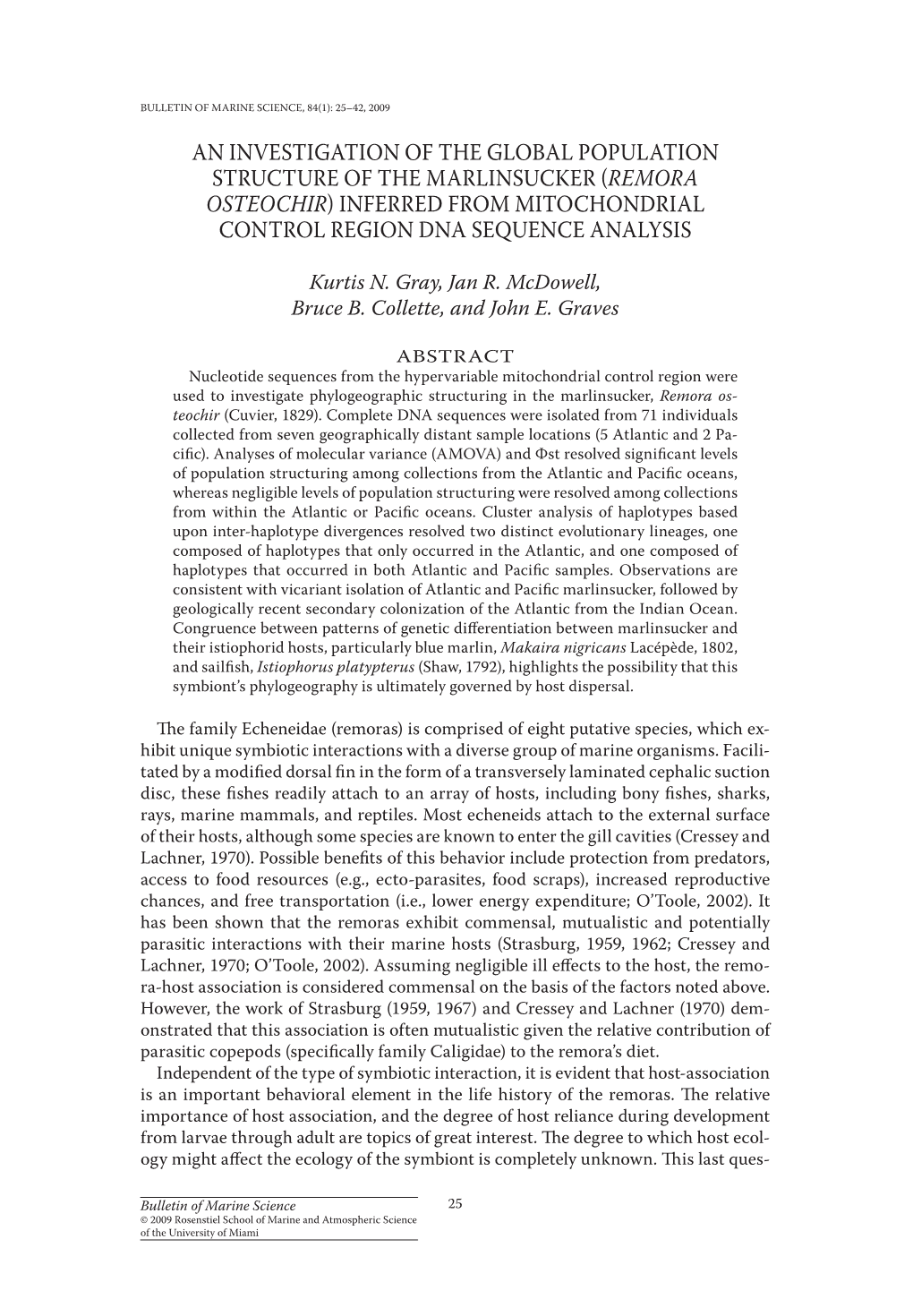 An Investigation of the Global Population Structure of the Marlinsucker (Remora Osteochir) Inferred from Mitochondrial Control Region DNA Sequence Analysis