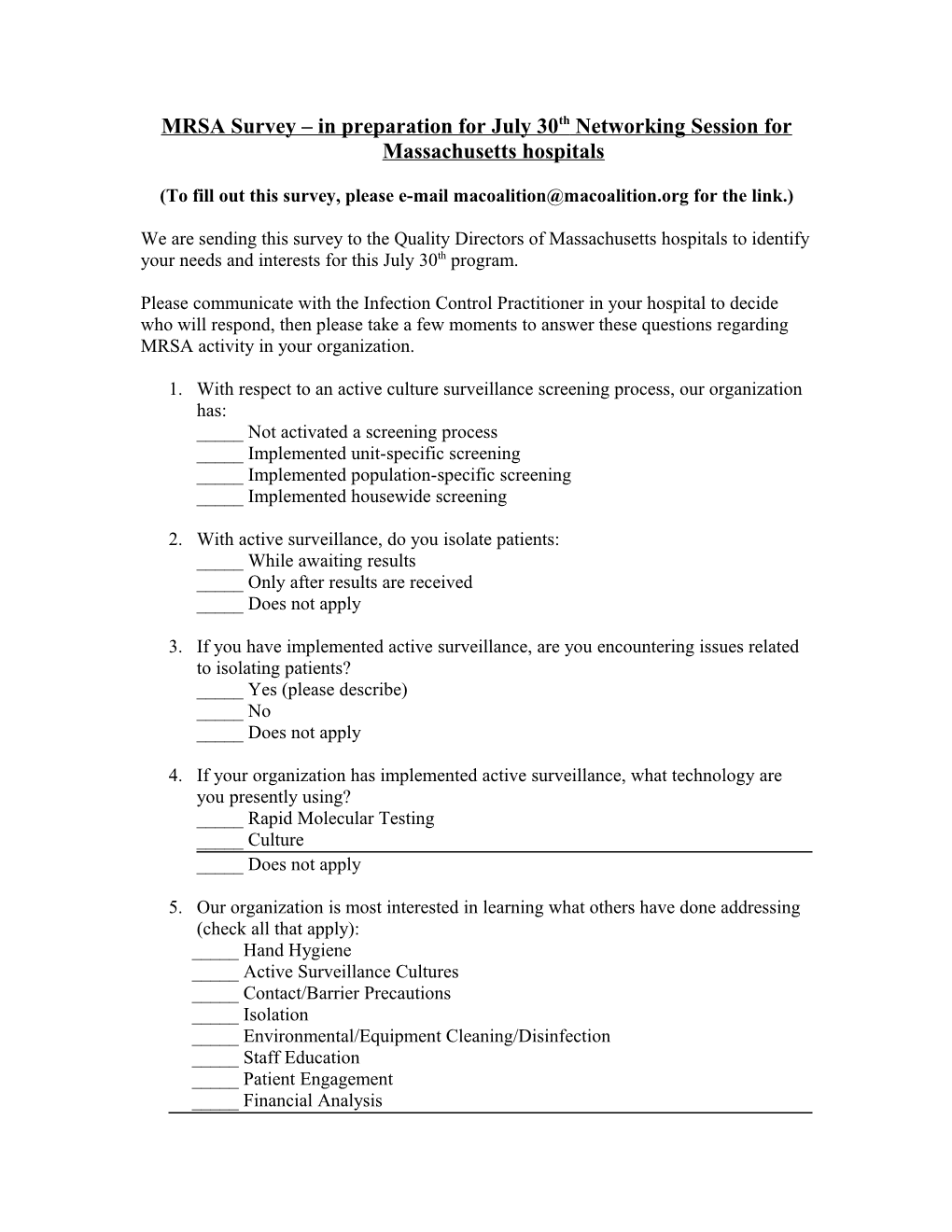 MRSA Survey in Preparation for July 30Th Networking Session for Massachusetts Hospitals