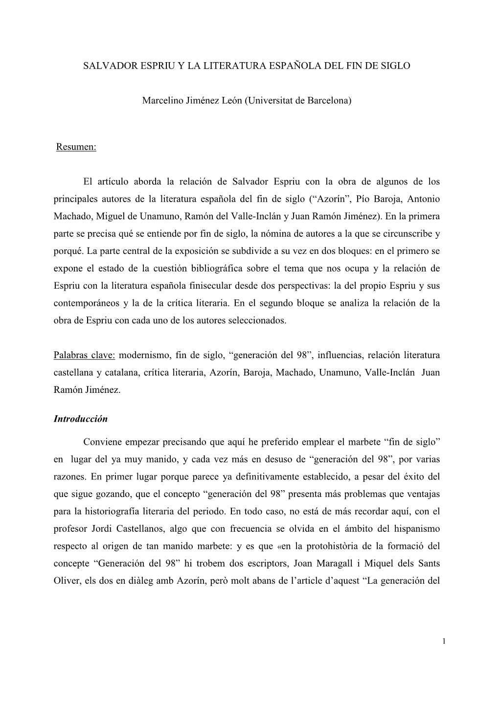 Salvador Espriu Y La Literatura Española Del Fin De Siglo