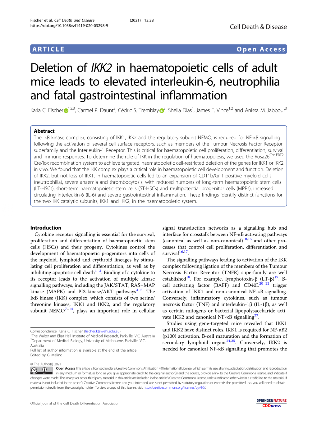 Deletion of IKK2 in Haematopoietic Cells of Adult Mice Leads to Elevated Interleukin-6, Neutrophilia and Fatal Gastrointestinal Inﬂammation Karla C