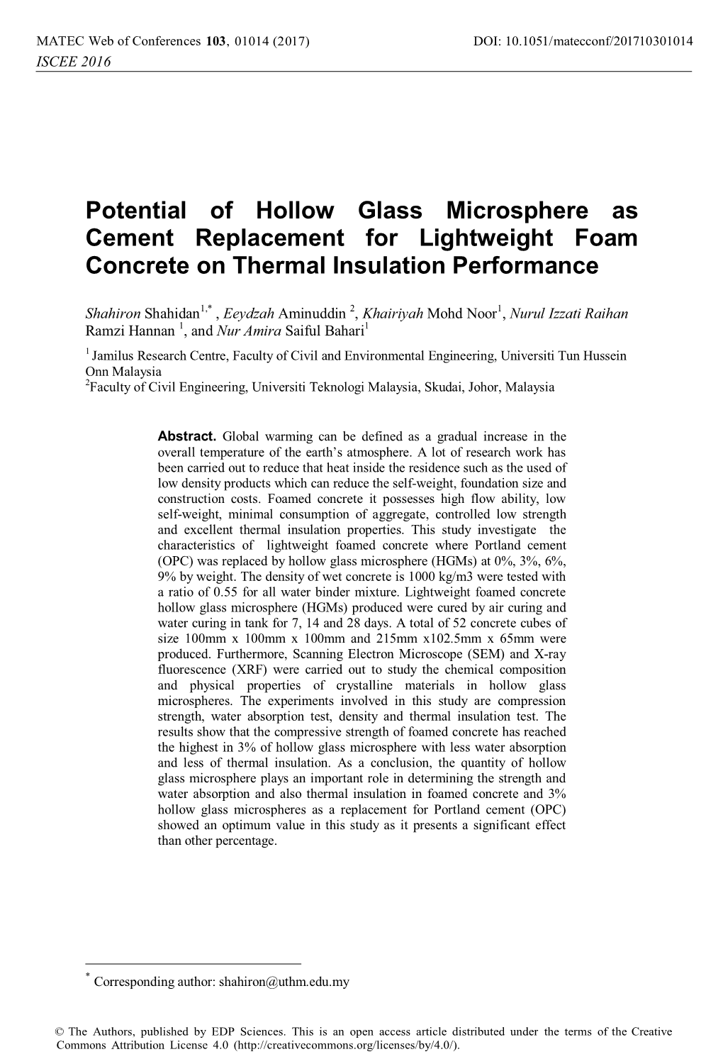 Potential of Hollow Glass Microsphere As Cement Replacement for Lightweight Foam Concrete on Thermal Insulation Performance