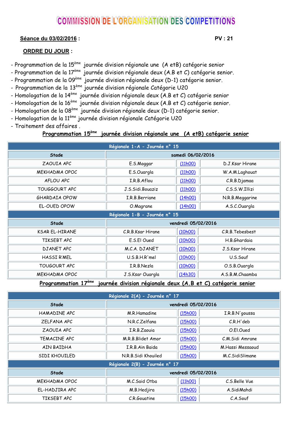 Programmation De La 15Ème Journée Division Régionale