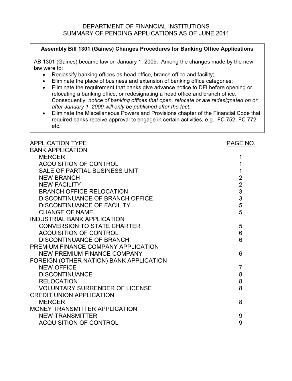 Department of Financial Institutions Summary of Pending Applications As of June 2011