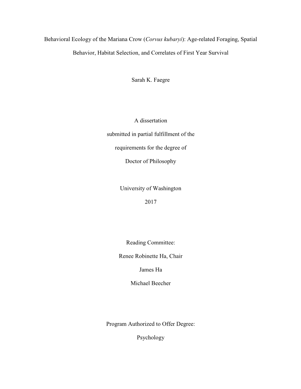 Behavioral Ecology of the Mariana Crow (Corvus Kubaryi): Age-Related Foraging, Spatial