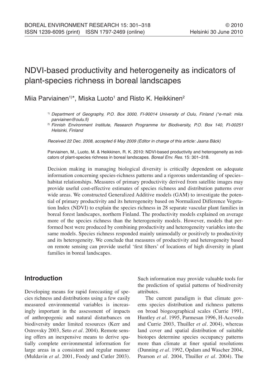 NDVI-Based Productivity and Heterogeneity As Indicators of Plant-Species Richness in Boreal Landscapes