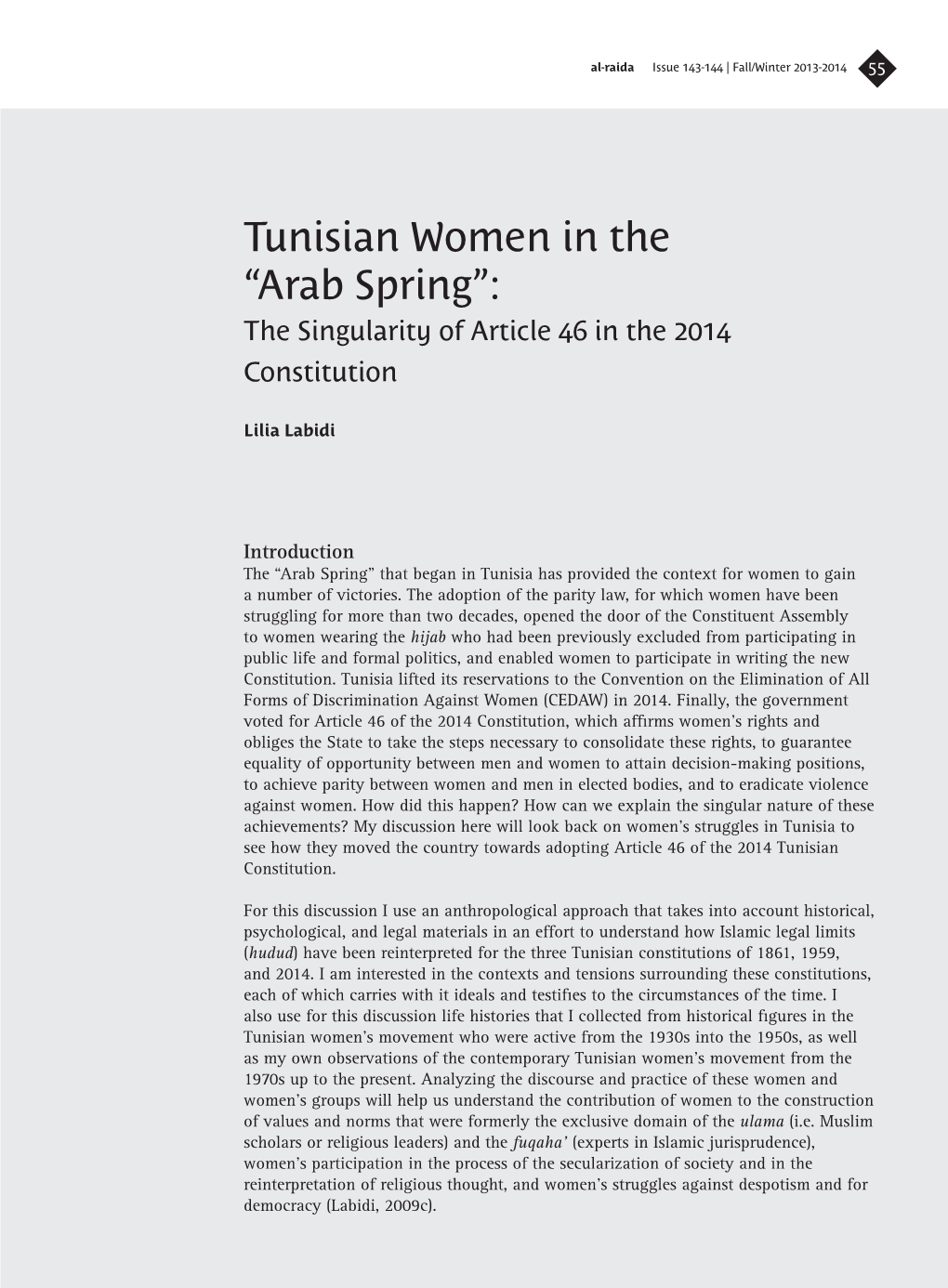 Tunisian Women in the “Arab Spring”: the Singularity of Article 46 in the 2014 Constitution