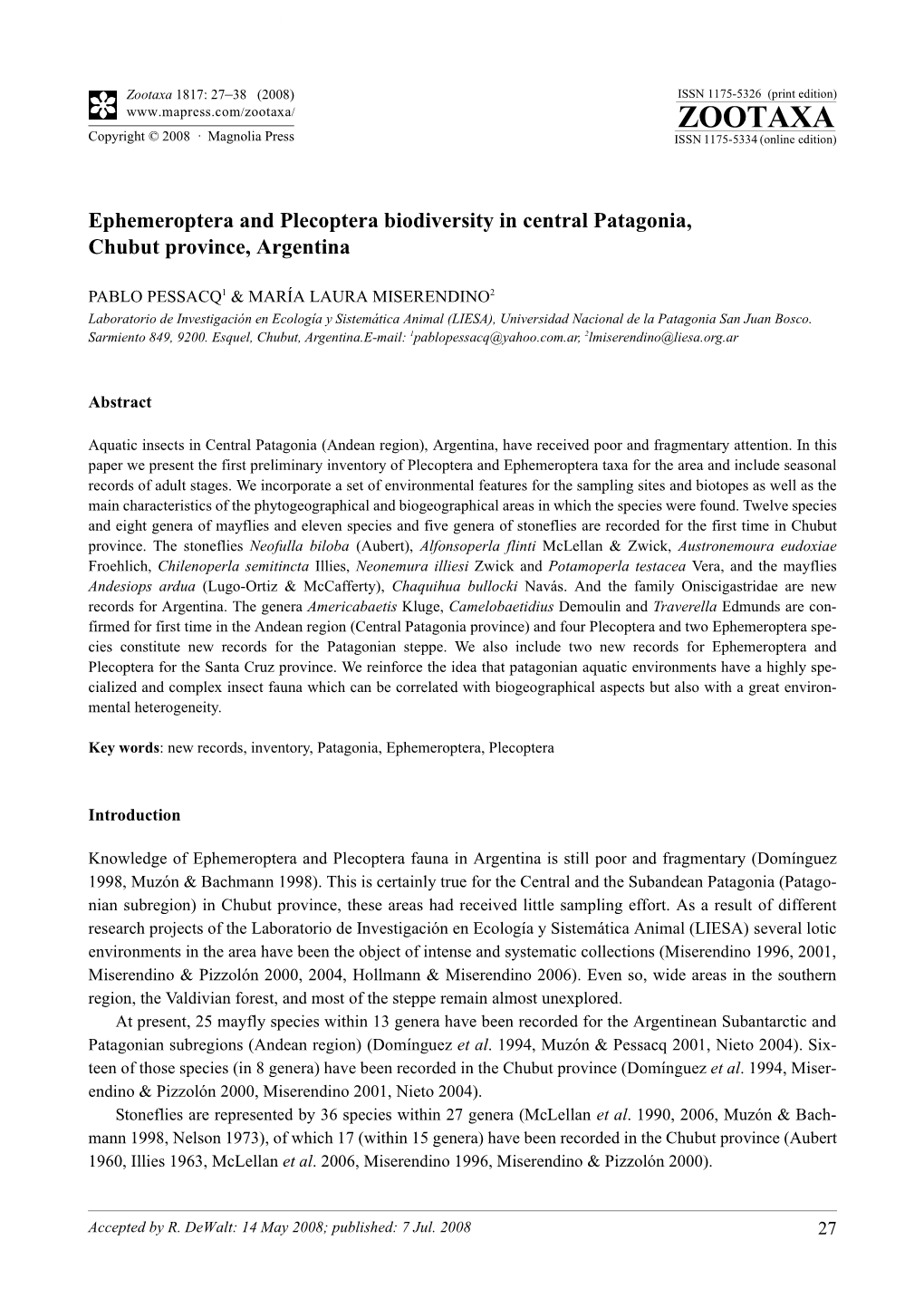 Zootaxa, Ephemeroptera and Plecoptera Biodiversity in Central