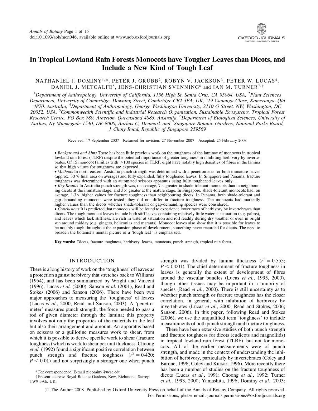 In Tropical Lowland Rain Forests Monocots Have Tougher Leaves Than Dicots, and Include a New Kind of Tough Leaf