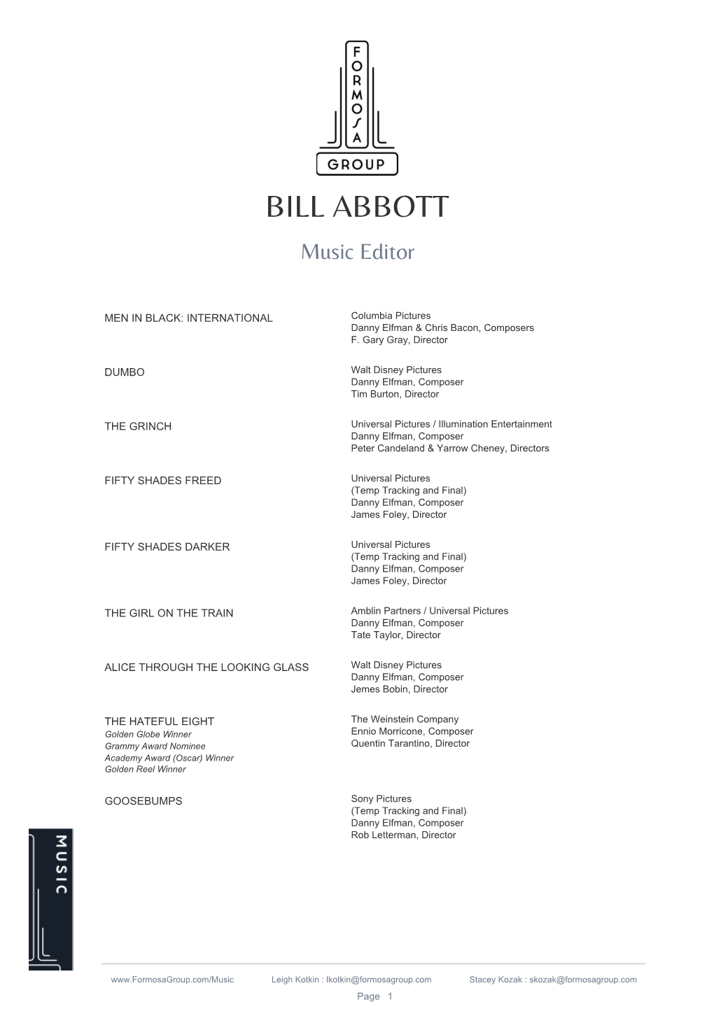 BILL ABBOTT Music Editor