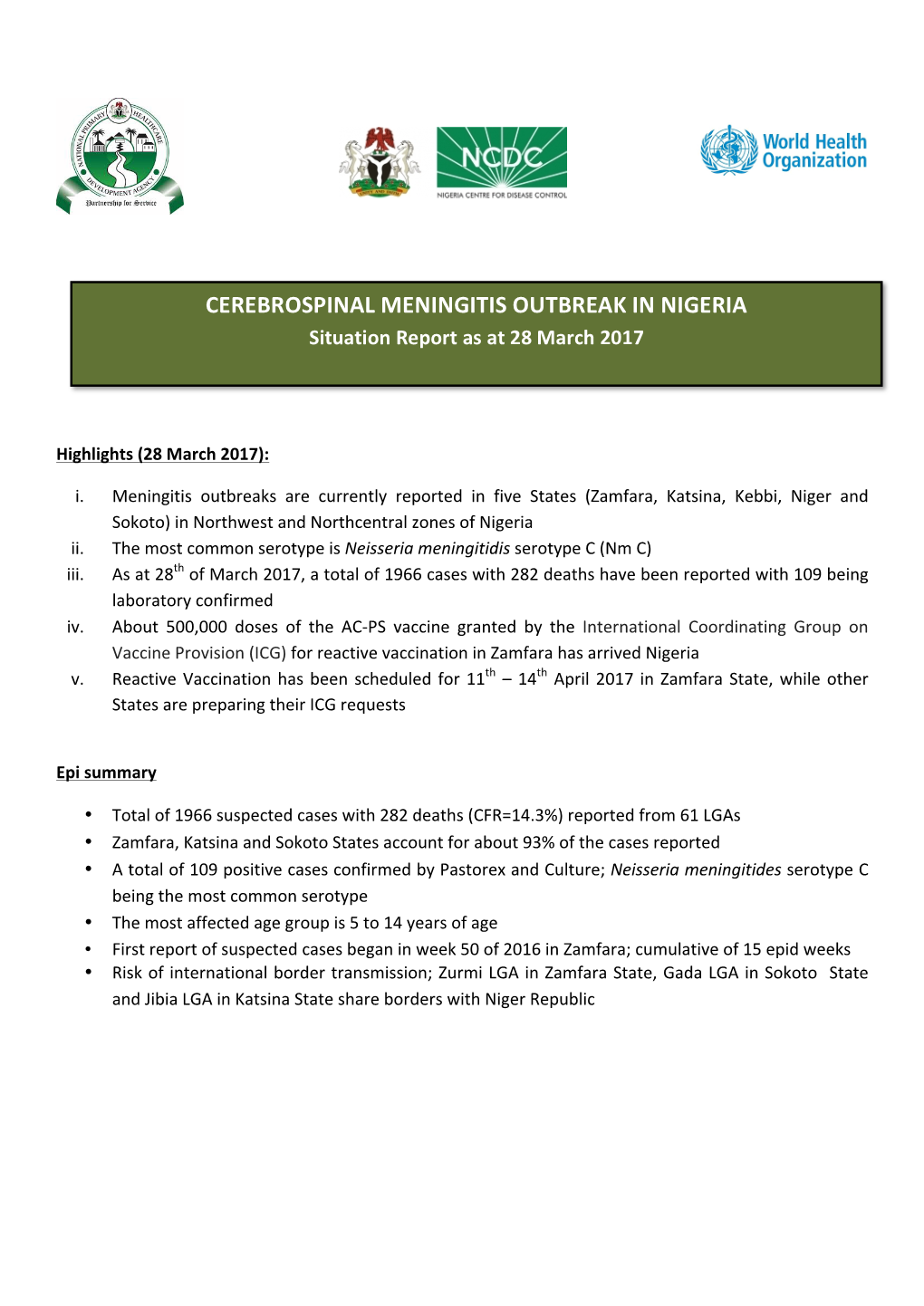 CEREBROSPINAL MENINGITIS OUTBREAK in NIGERIA Situation Report As at 28 March 2017