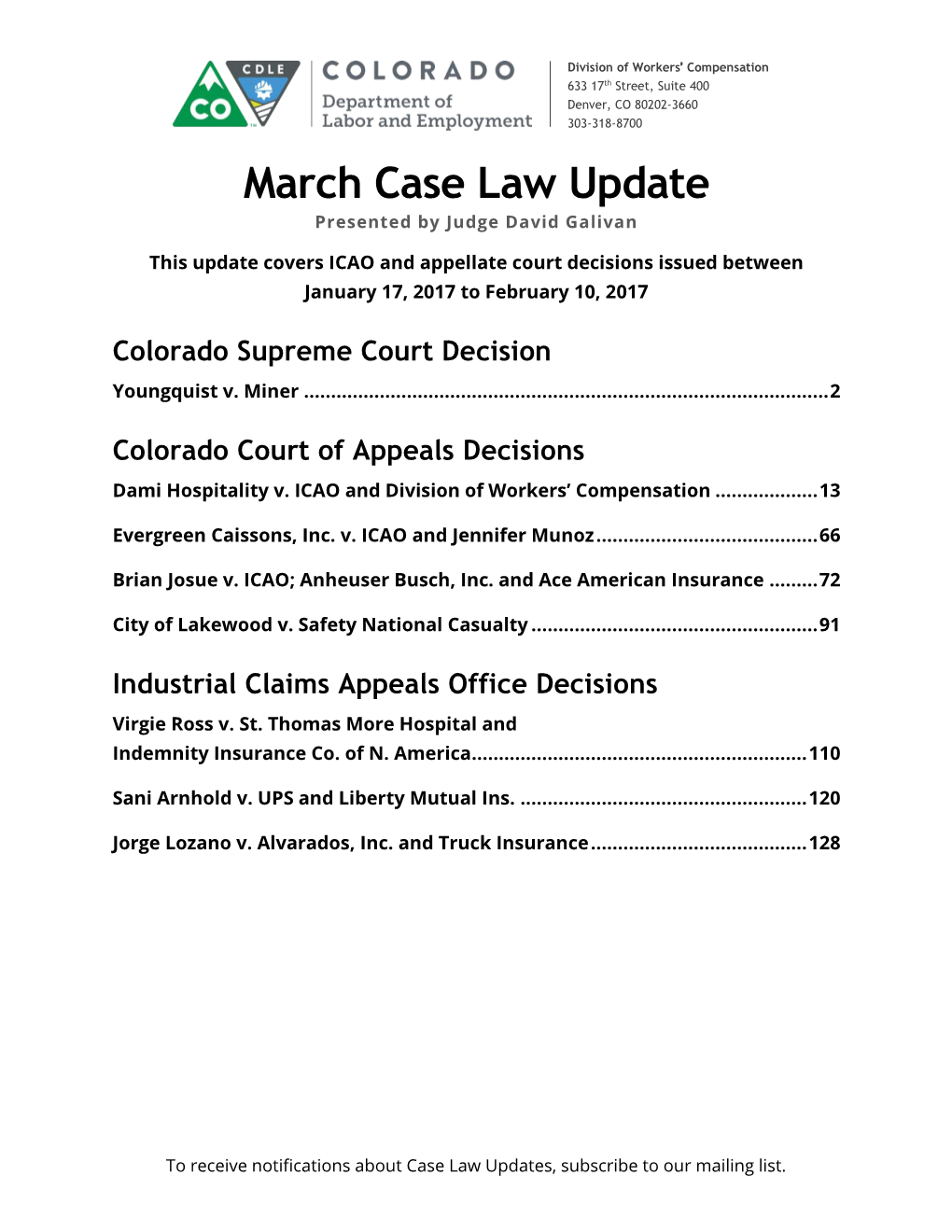 March Case Law Update Presented by Judge David Galivan