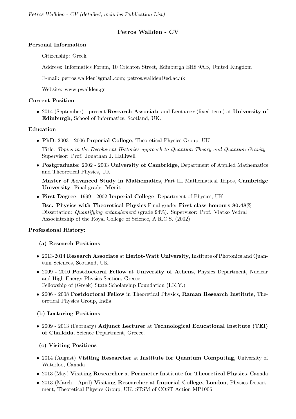 CV (Detailed, Includes Publication List)