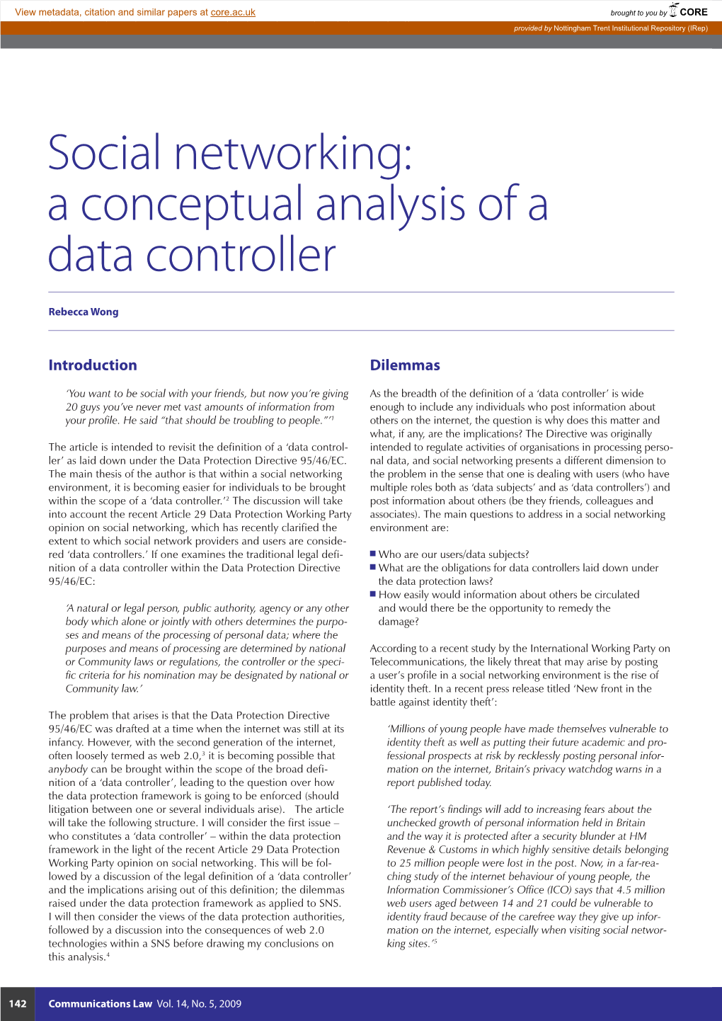 Social Networking: a Conceptual Analysis of a Data Controller Provided by Nottingham Trent Institutional Repository (Irep)