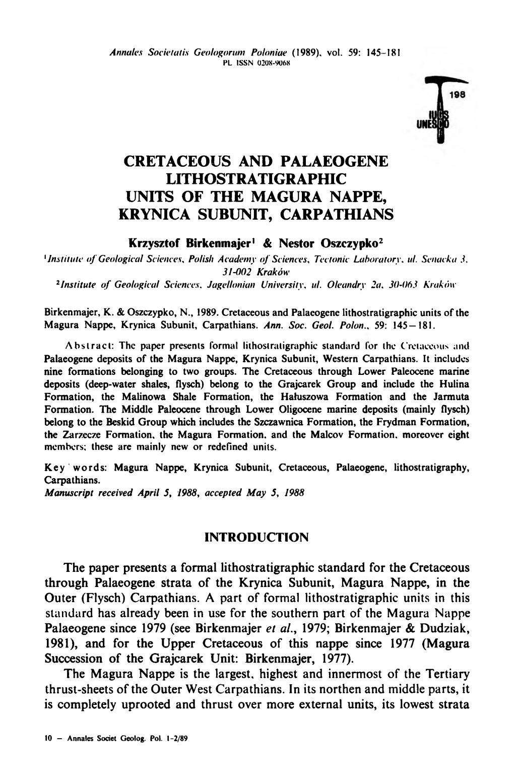Cretaceous and Palaeogene Lithostratigraphic Units of the Magura Nappe, Krynica Subunit, Carpathians