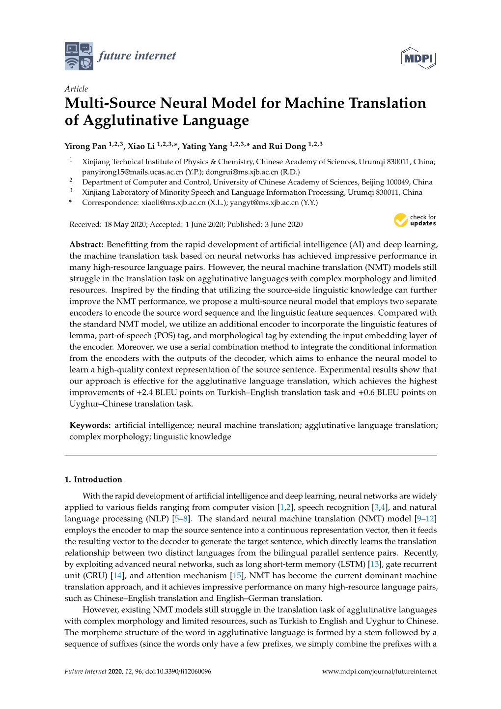 Multi-Source Neural Model for Machine Translation of Agglutinative Language