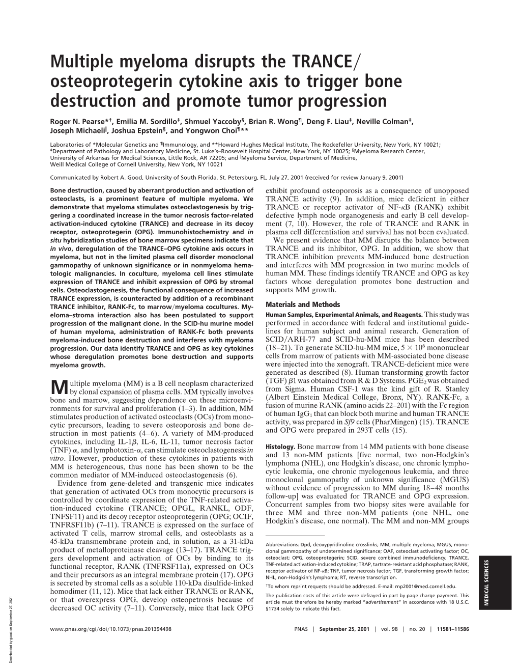 Multiple Myeloma Disrupts the TRANCE Osteoprotegerin Cytokine