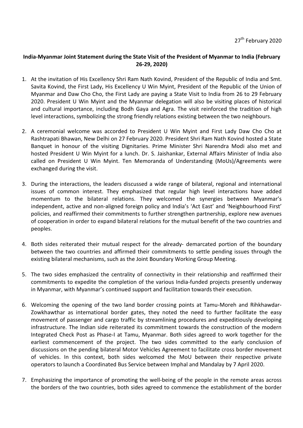 27Th February 2020 India-Myanmar Joint Statement During the State