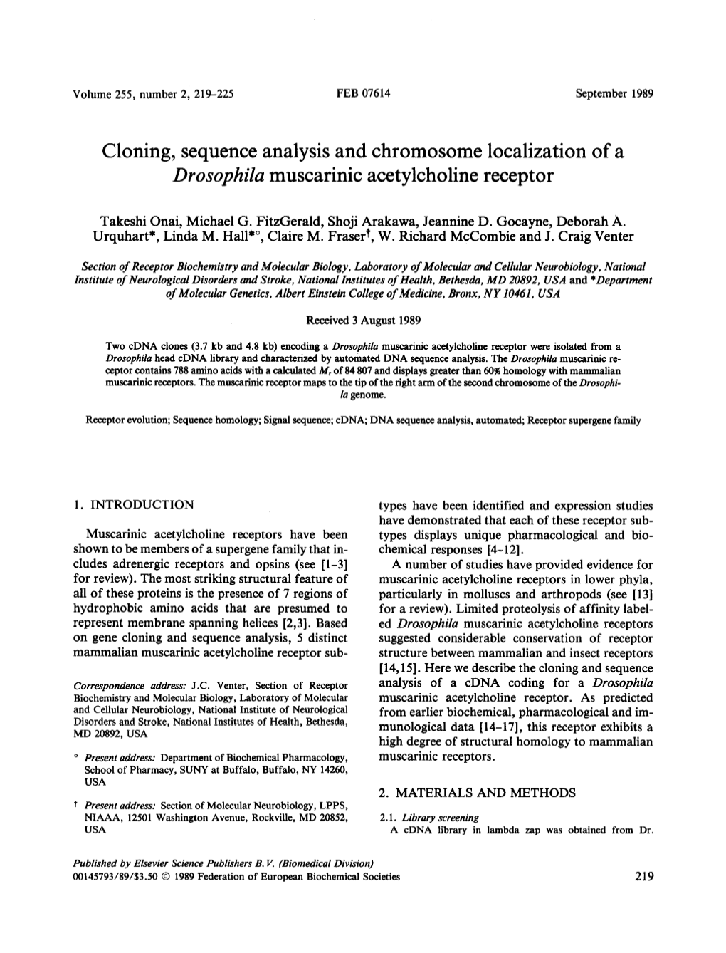 Cloning, Sequence Analysis and Chromosome Localization of a Drosophila Muscarinic Acetylcholine Receptor