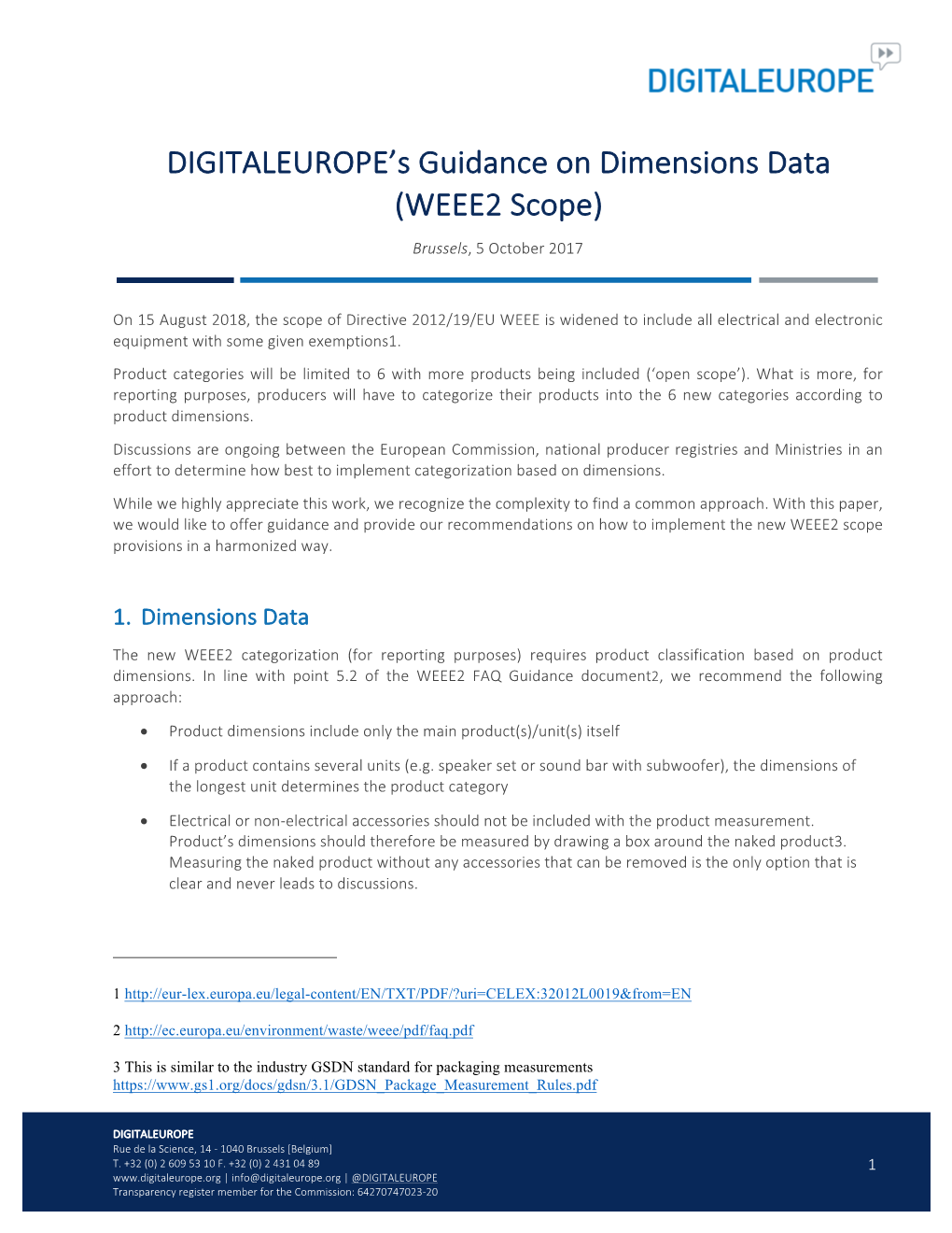 DIGITALEUROPE's Guidance on Dimensions Data (WEEE2 Scope)