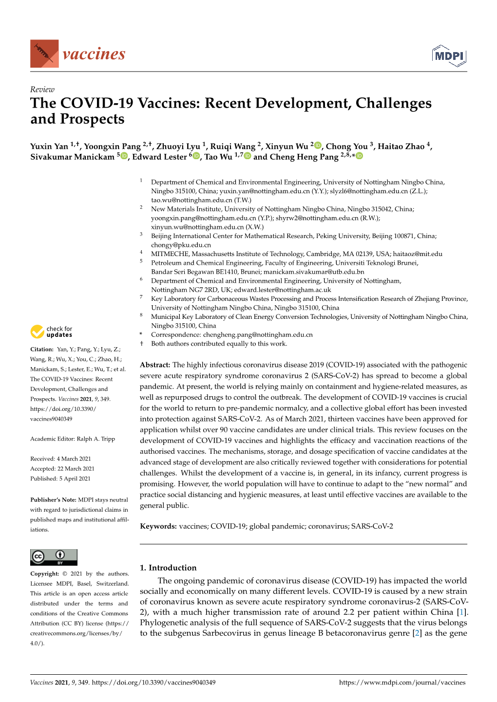 The COVID-19 Vaccines: Recent Development, Challenges and Prospects