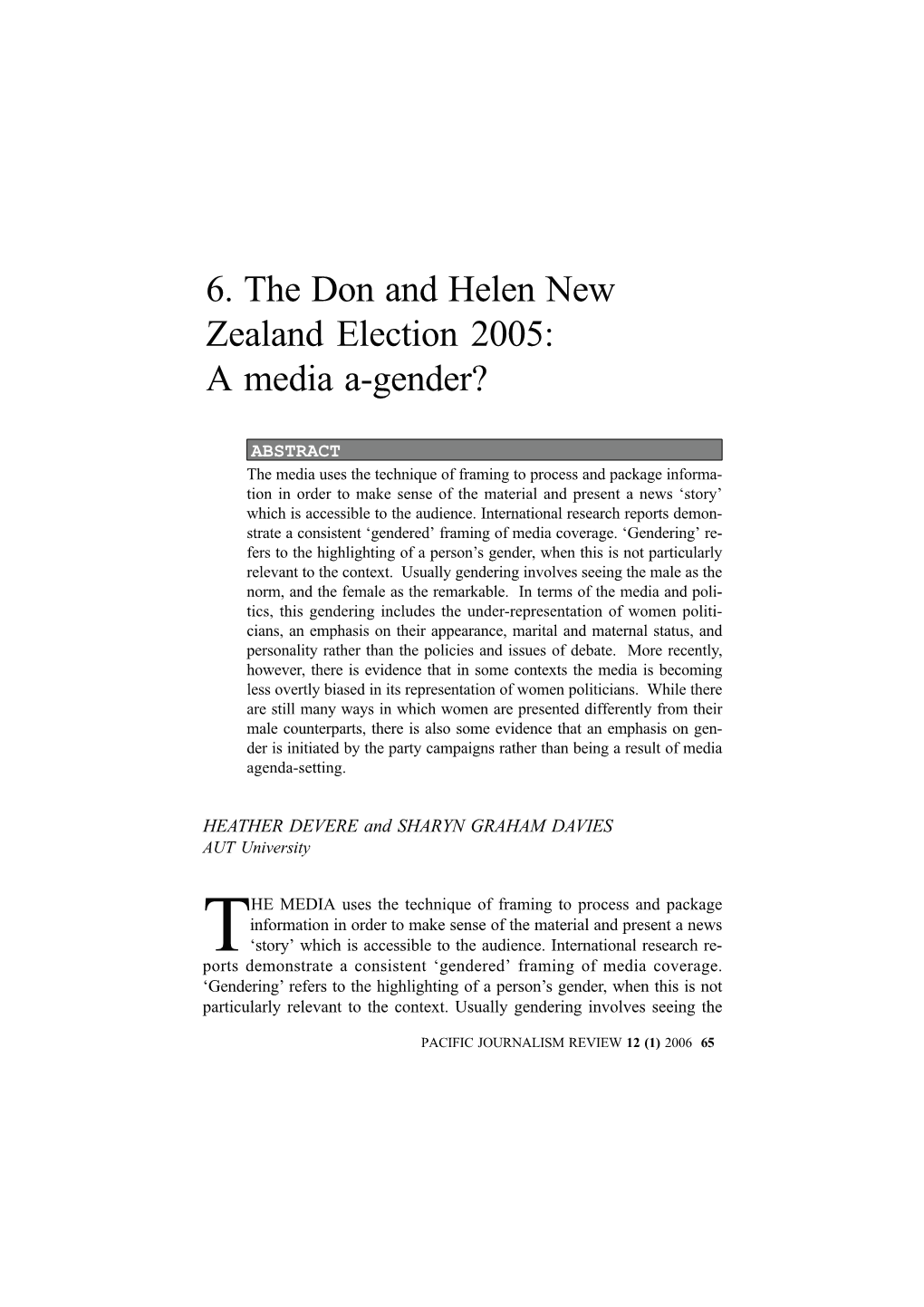 6. the Don and Helen New Zealand Election 2005: a Media A-Gender?