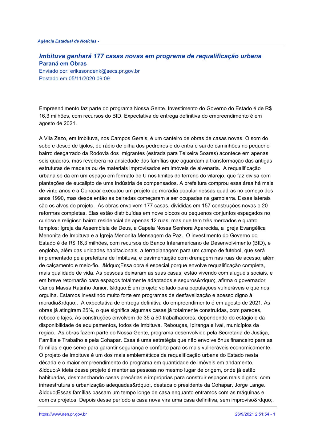 Imbituva Ganhará 177 Casas Novas Em Programa De Requalificação Urbana Paraná Em Obras Enviado Por: Erikssondenk@Secs.Pr.Gov.Br Postado Em:05/11/2020 09:09