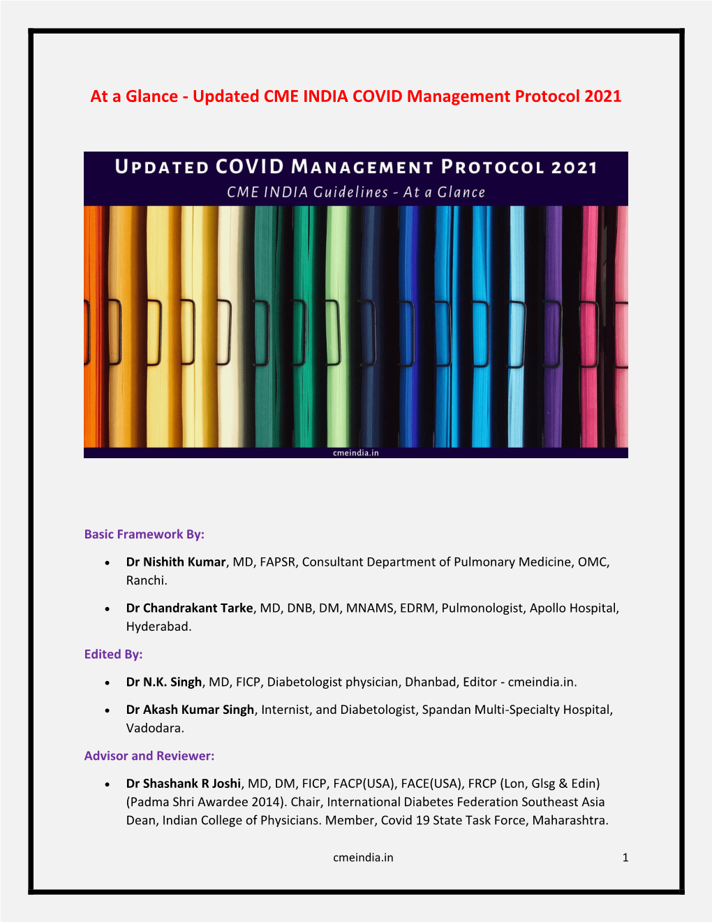 At a Glance - Updated CME INDIA COVID Management Protocol 2021