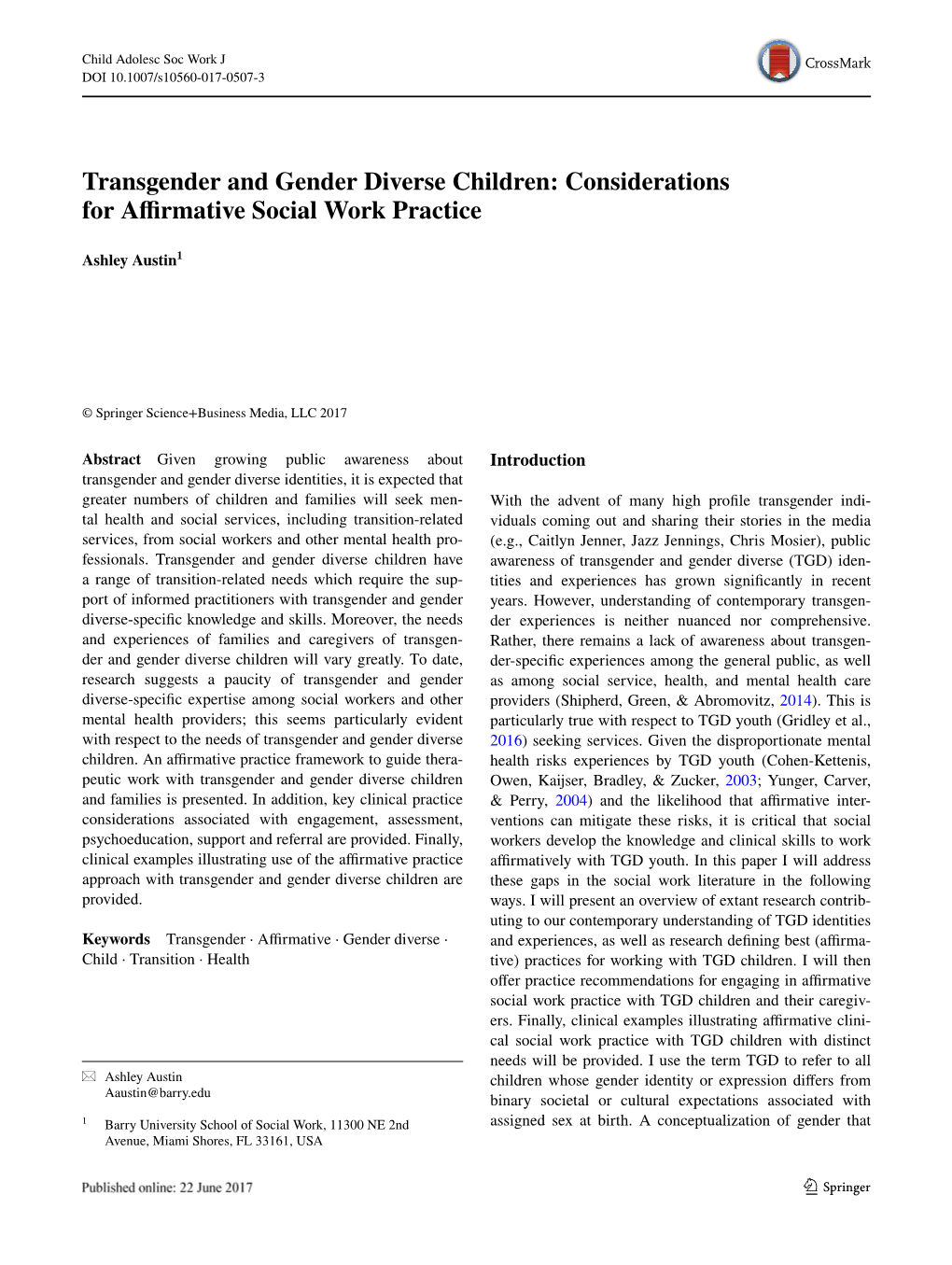 Transgender and Gender Diverse Children: Considerations for Affirmative Social Work Practice