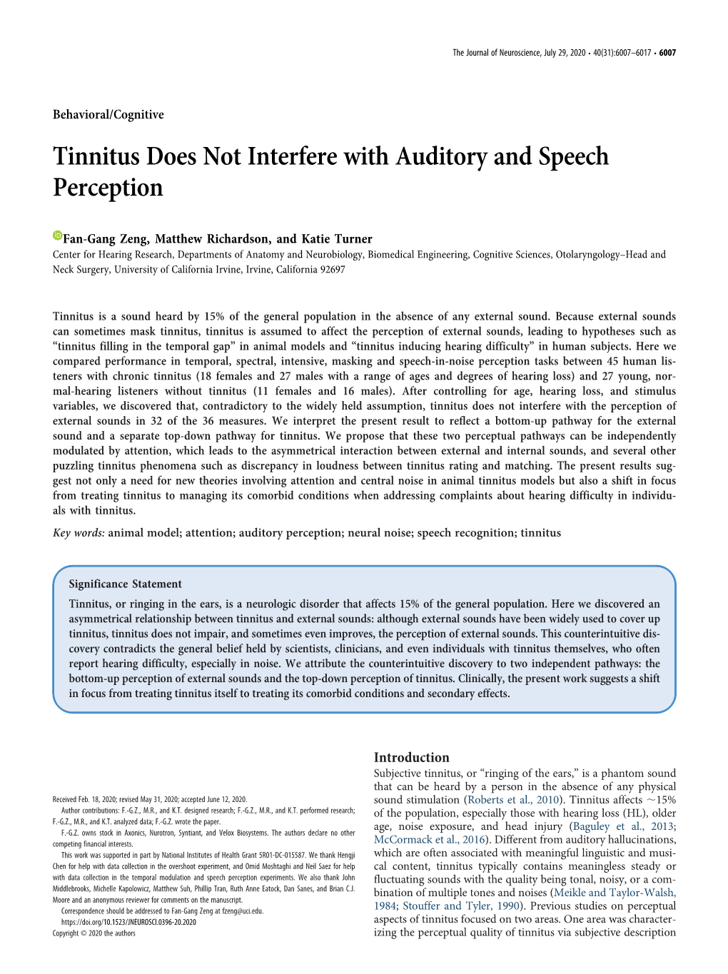 Tinnitus Does Not Interfere with Auditory and Speech Perception