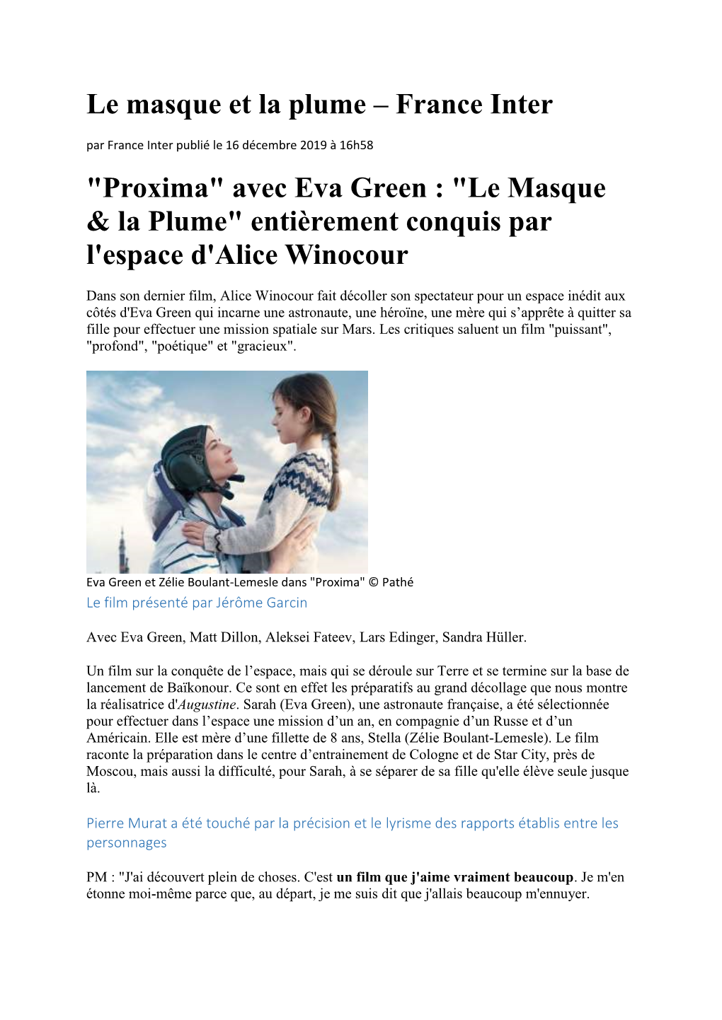 Le Masque Et La Plume – France Inter "Proxima" Avec Eva Green : "Le