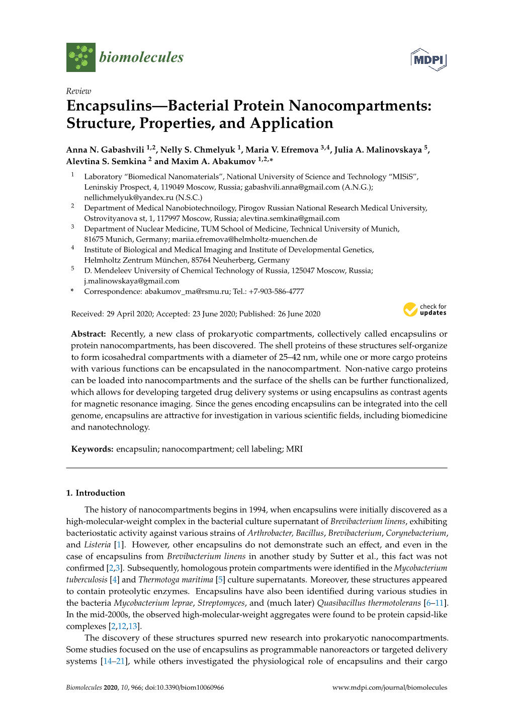 Encapsulins—Bacterial Protein Nanocompartments: Structure, Properties, and Application