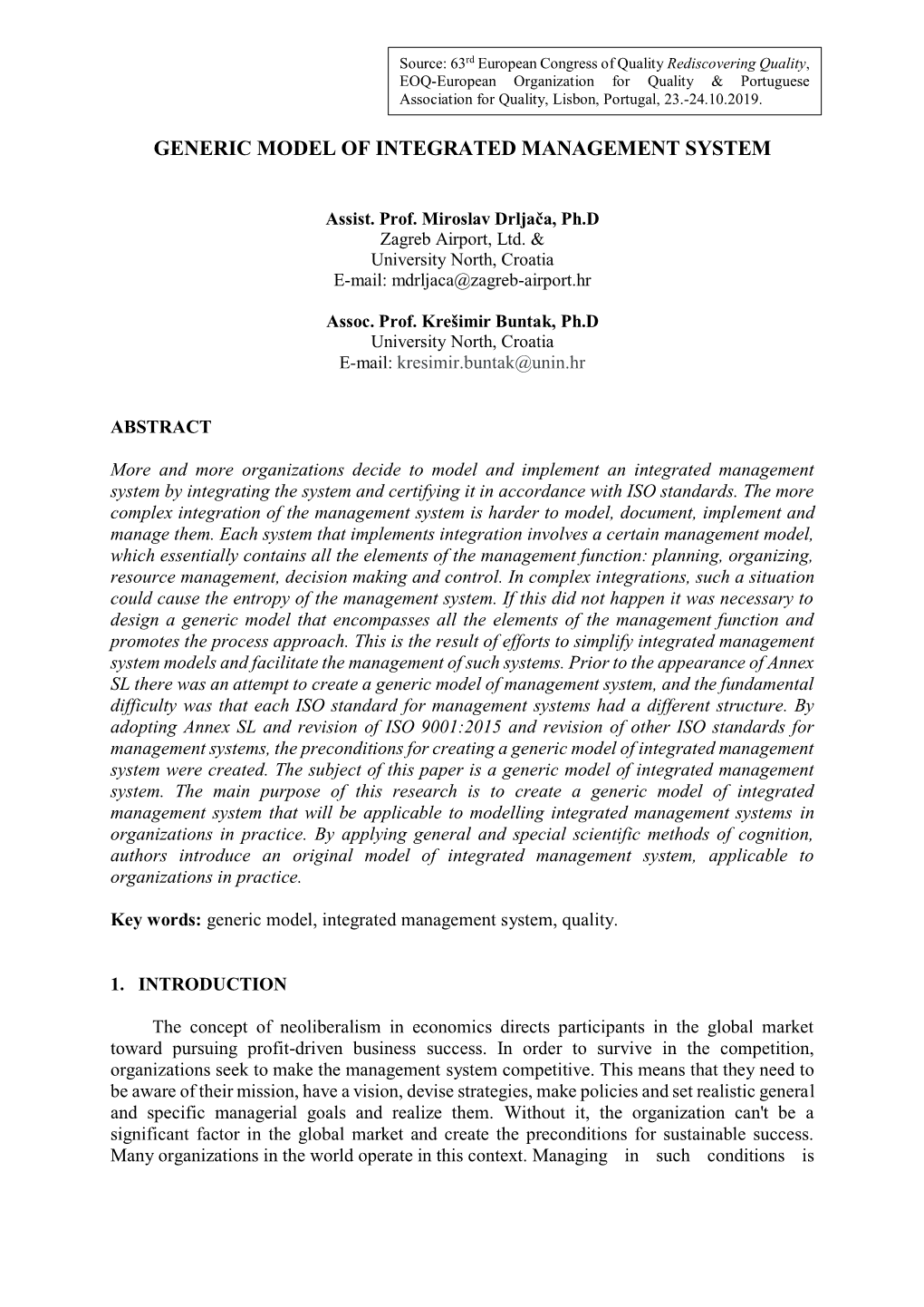 Generic Model of Integrated Management System