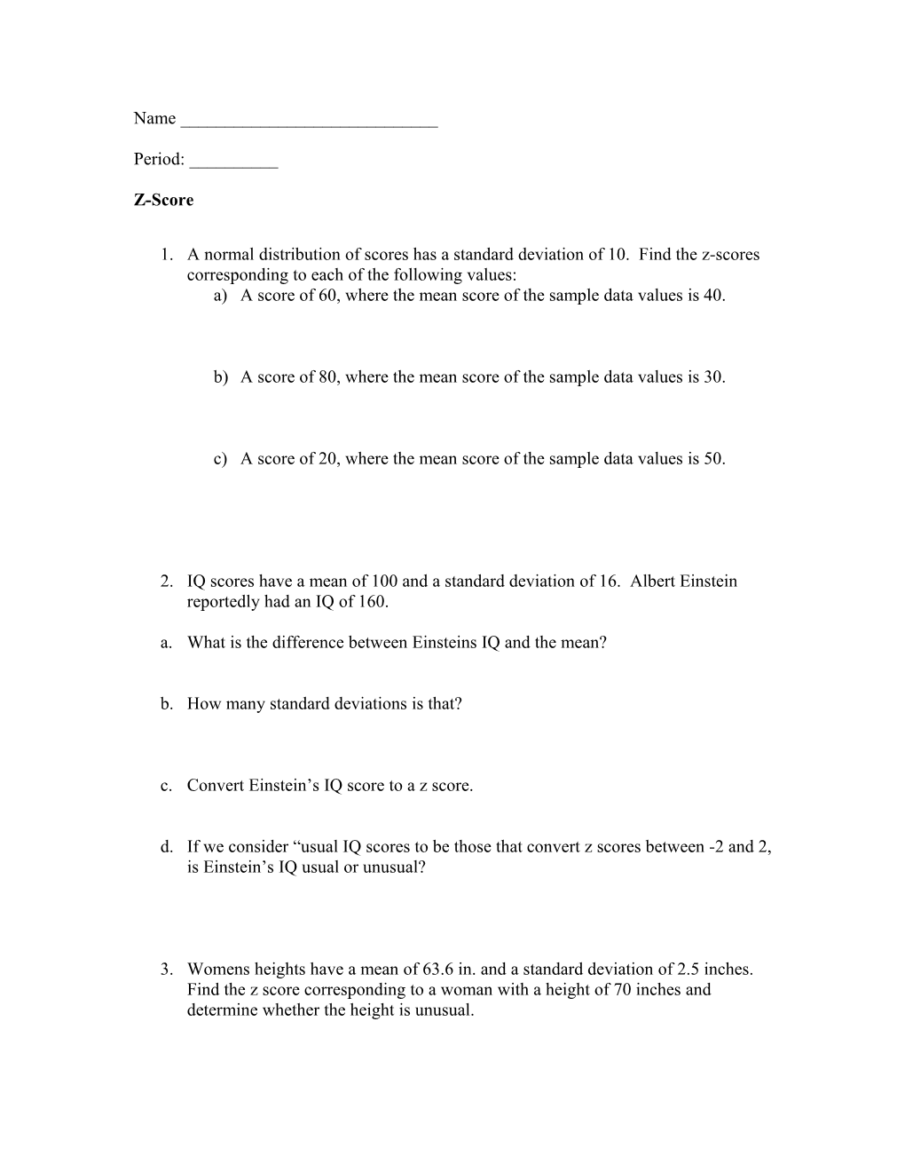 Z-Score Practice Worksheet