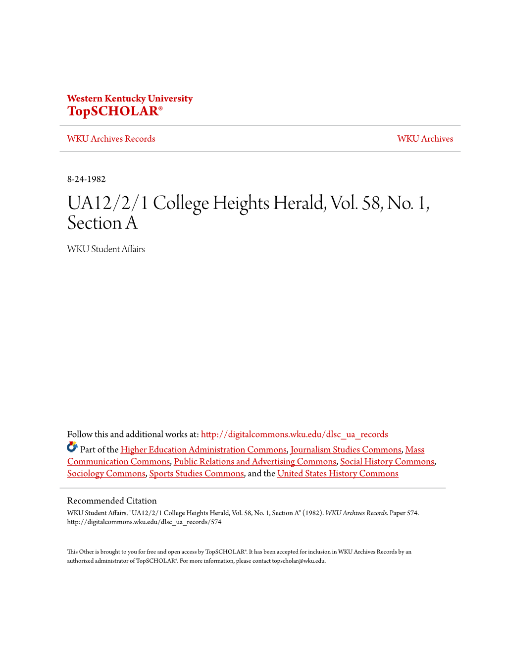 UA12/2/1 College Heights Herald, Vol. 58, No. 1, Section a WKU Student Affairs