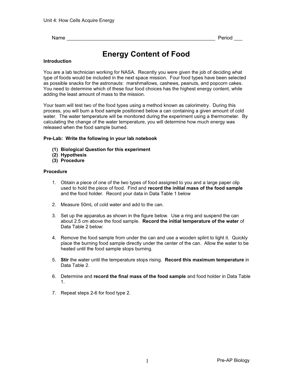Energy Content of Foods