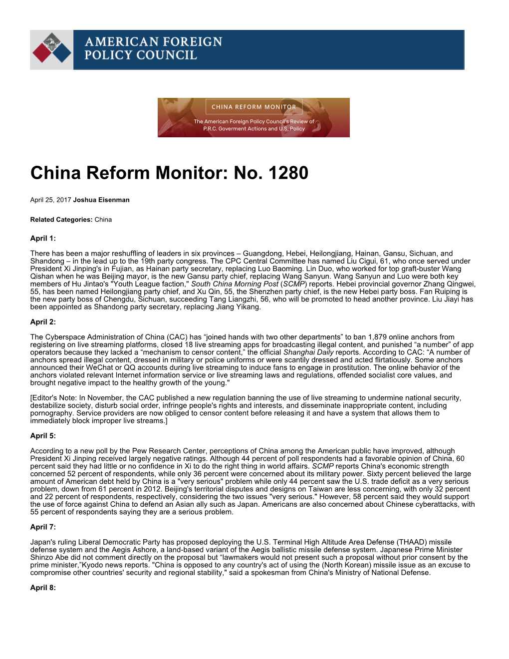 China Reform Monitor: No. 1280 | American Foreign Policy Council