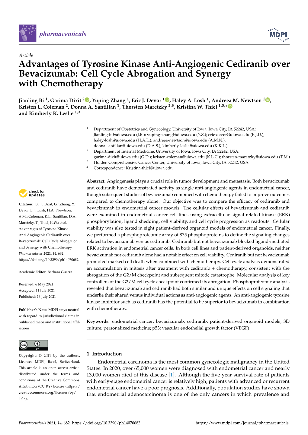 Advantages of Tyrosine Kinase Anti-Angiogenic Cediranib Over Bevacizumab: Cell Cycle Abrogation and Synergy with Chemotherapy