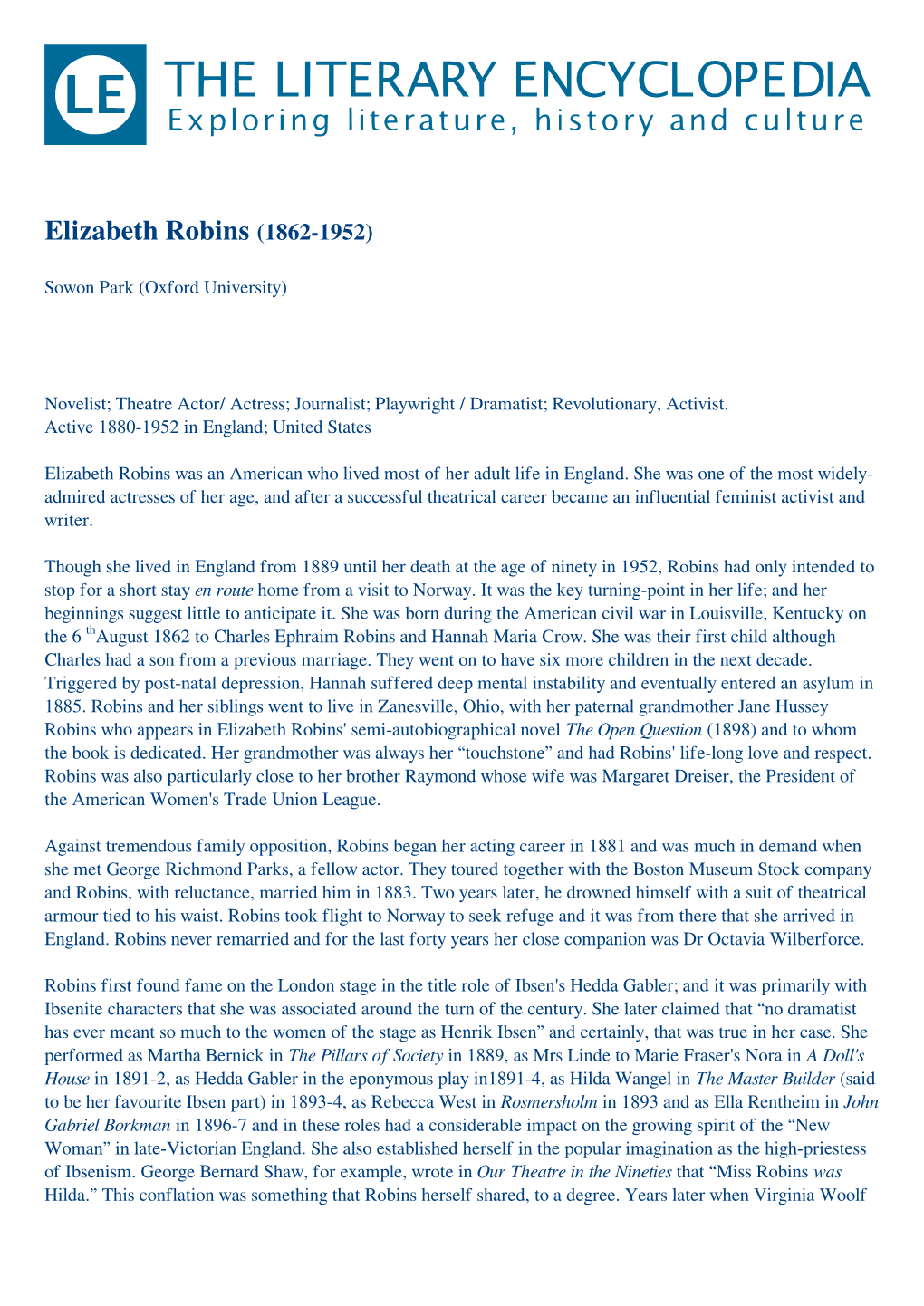 Elizabeth Robins (1862-1952)