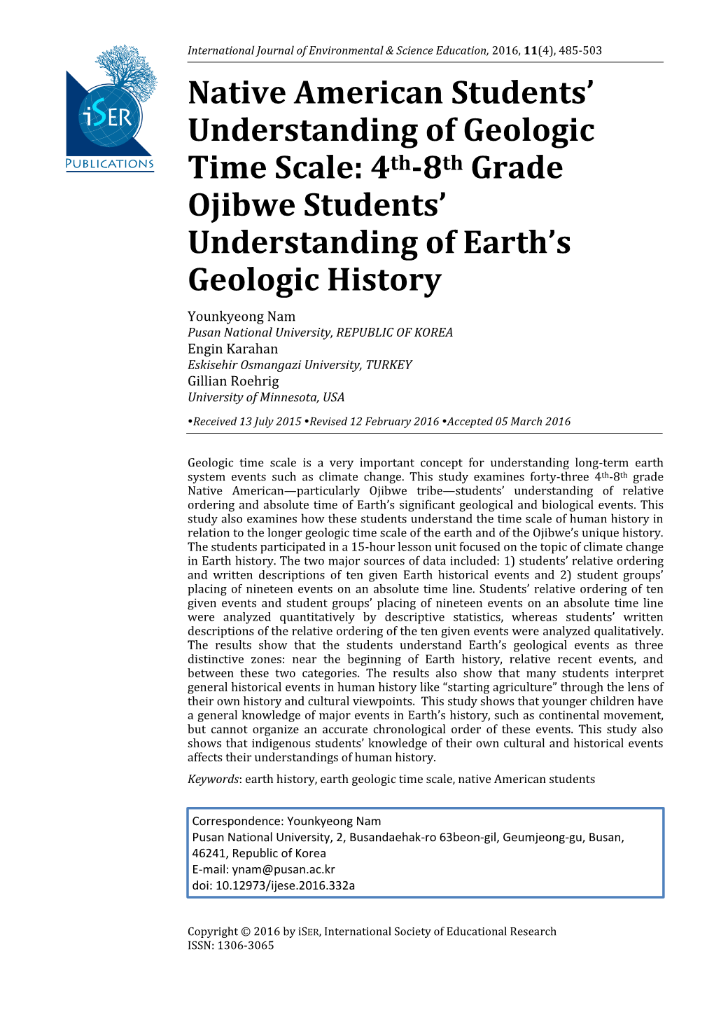 Native American Students' Understanding of Geologic Time Scale: 4Th-8Th Grade Ojibwe Students' Understanding of Earth's Ge