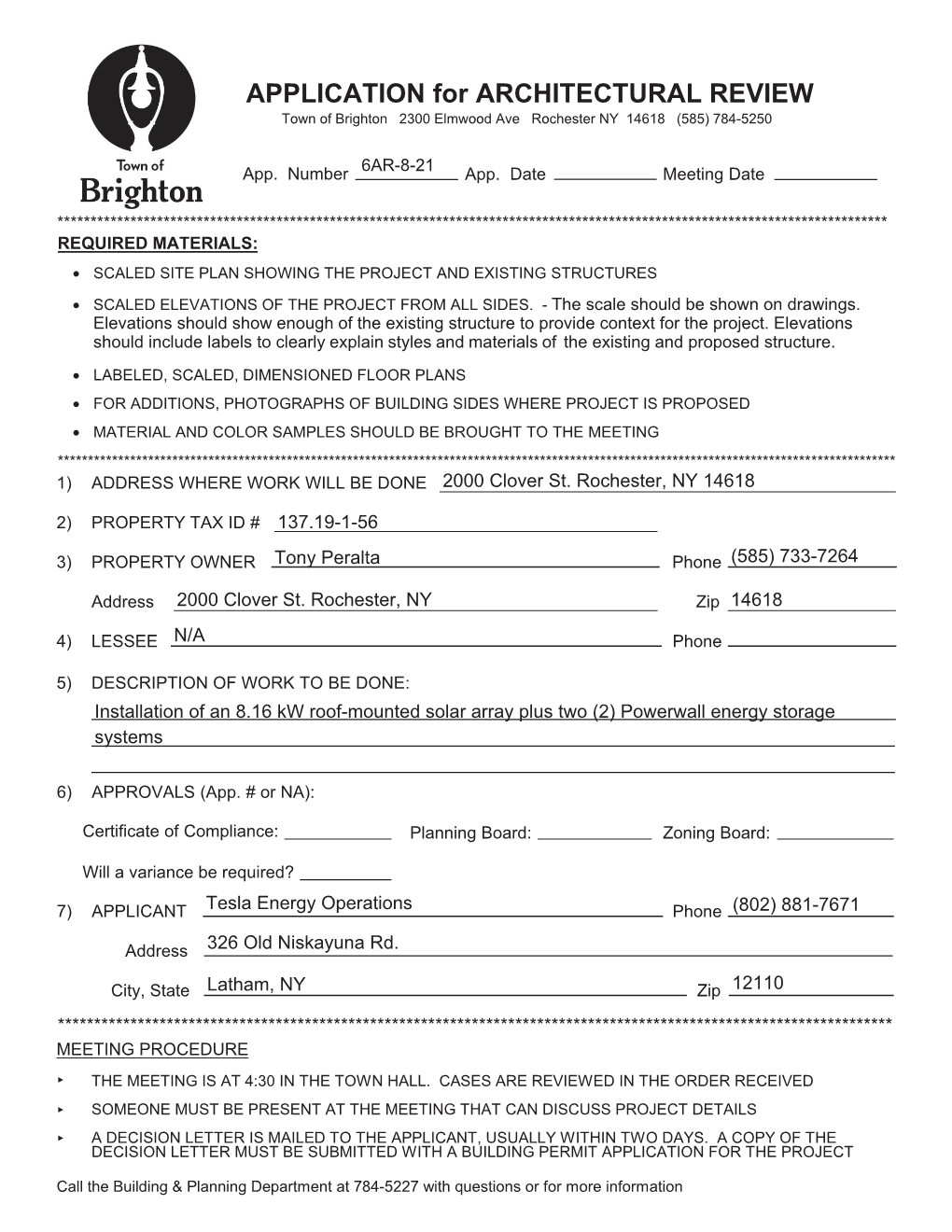 APPLICATION for ARCHITECTURAL REVIEW Town of Brighton(OPZRRG$YHRRFKHVWHU NY 14618   