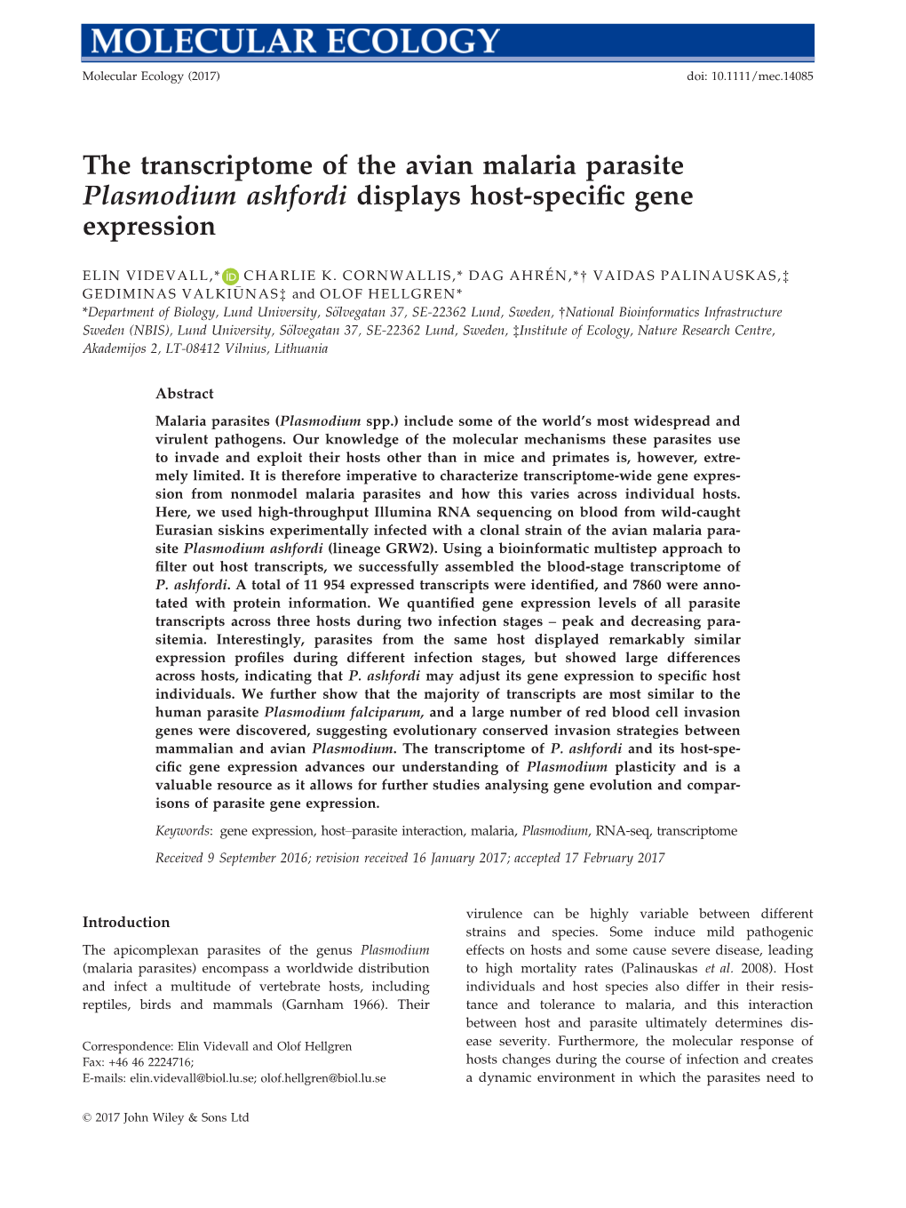 The Transcriptome of the Avian Malaria Parasite Plasmodium Ashfordi Displays Host&#X2010;Specific Gene Expression