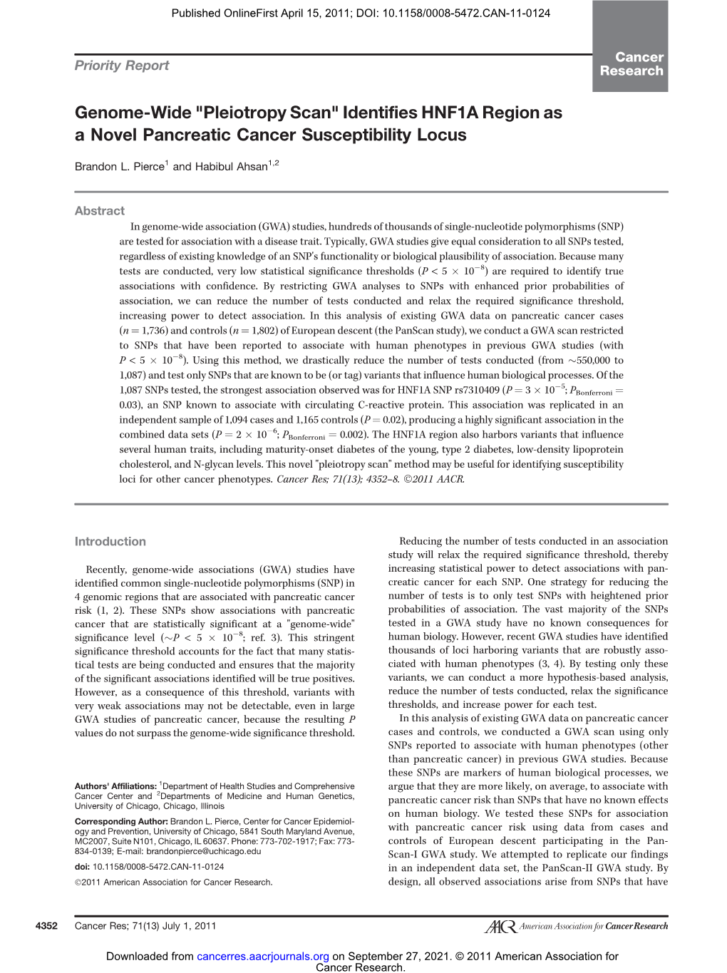 Genome-Wide "Pleiotropy Scan" Identifies HNF1A Region As a Novel Pancreatic Cancer Susceptibility Locus