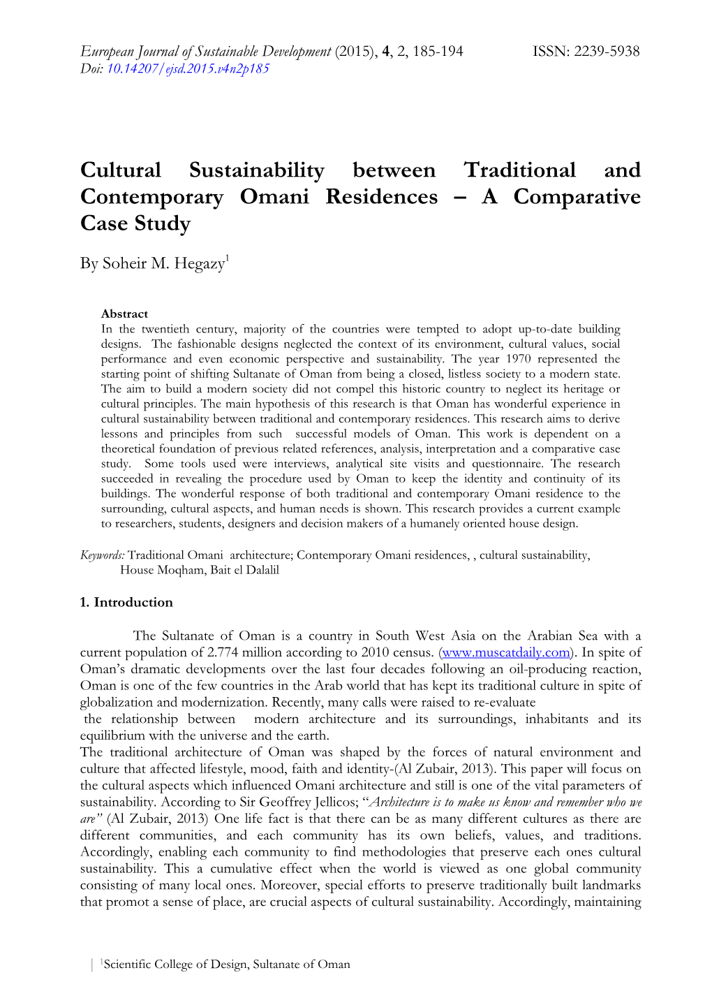 Cultural Sustainability Between Traditional and Contemporary Omani Residences – a Comparative Case Study