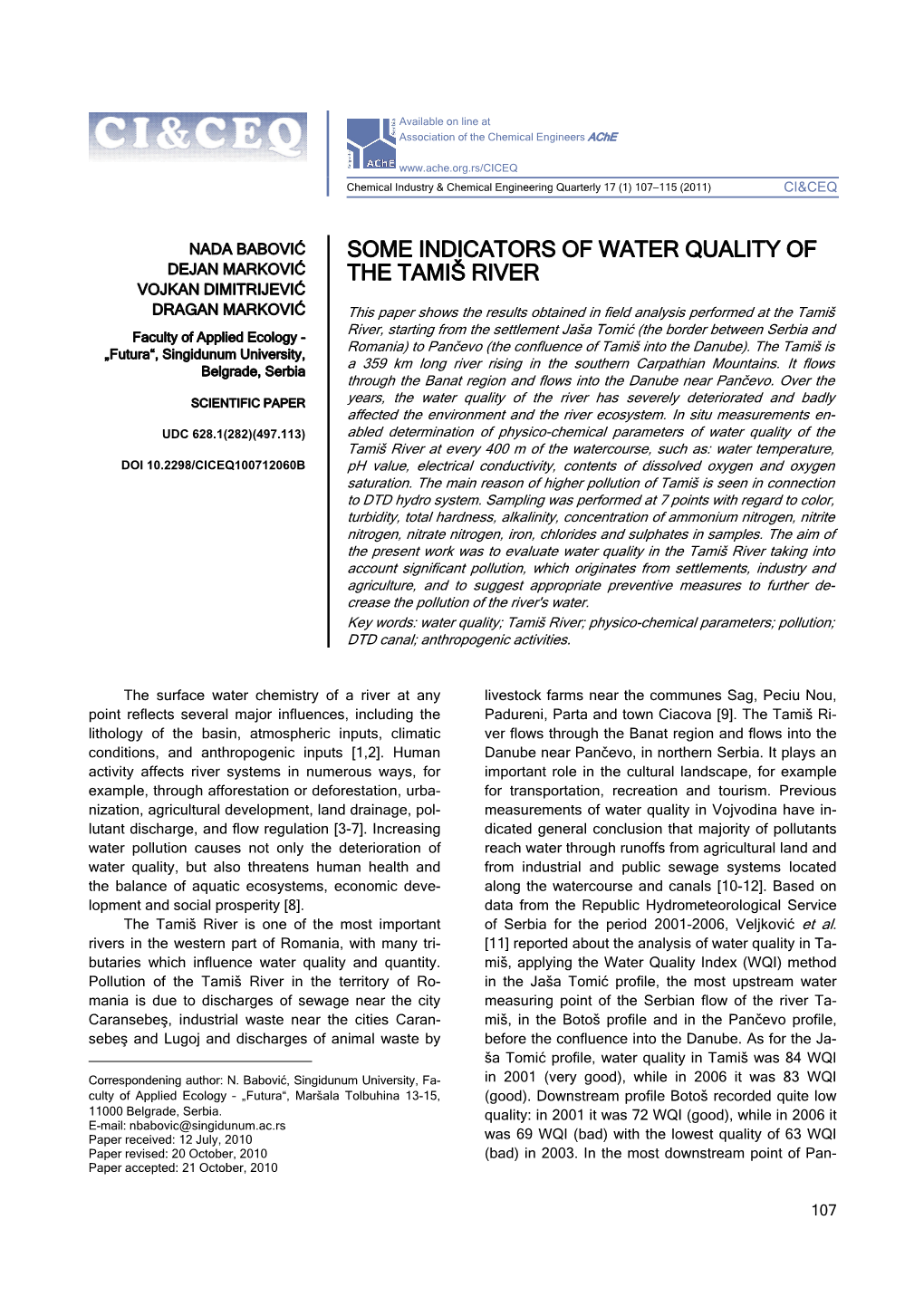 Some Indicators of Water Quality of the Tamiš River Ci&Ceq 17 (1) 107−115 (2011)