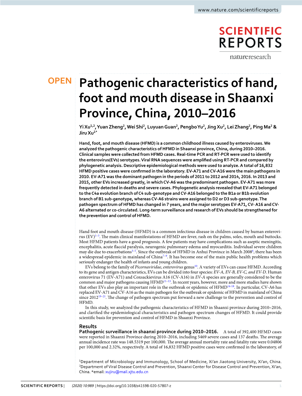 Pathogenic Characteristics of Hand, Foot and Mouth Disease in Shaanxi
