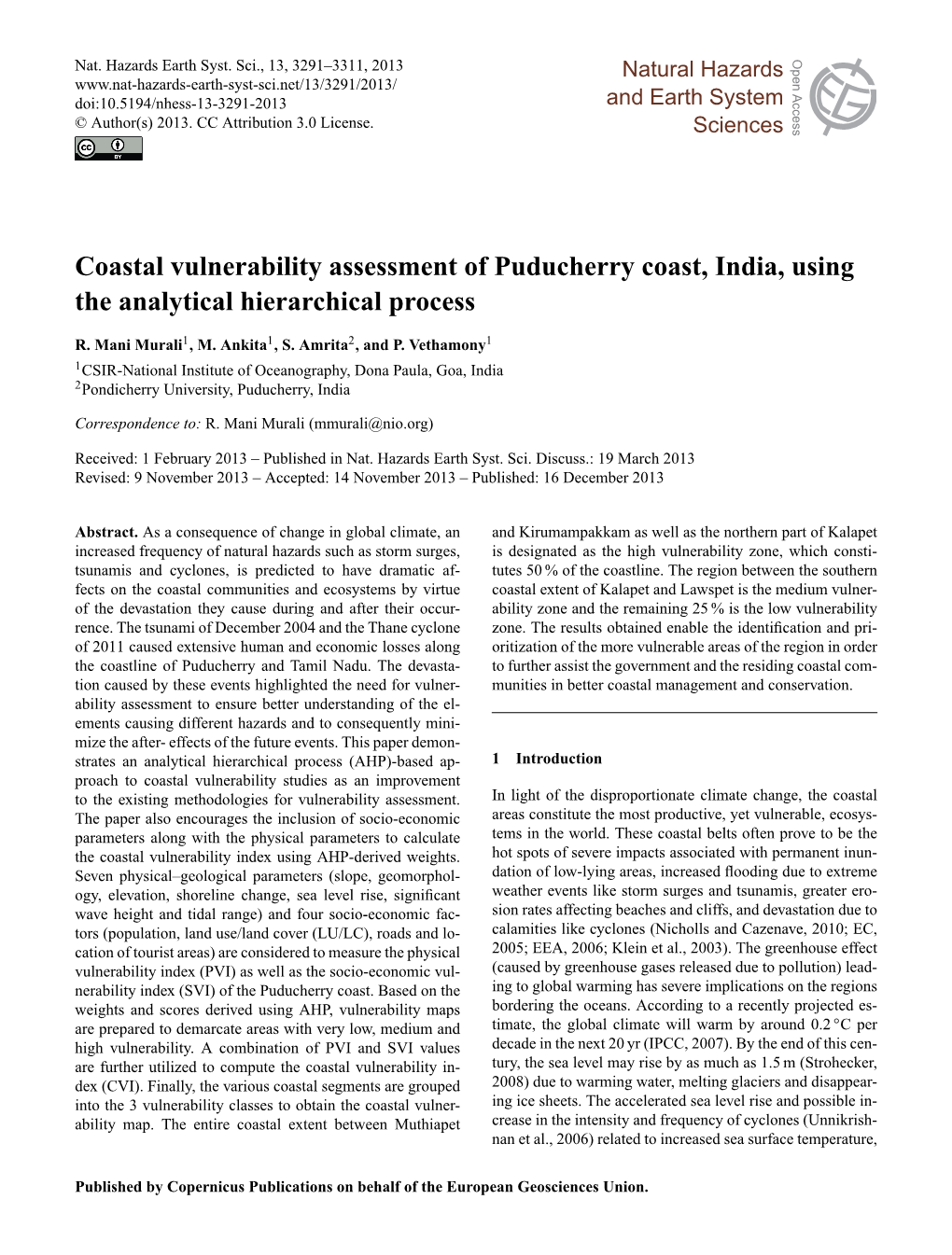Coastal Vulnerability Assessment of Puducherry Coast, India, Using the Analytical Hierarchical Process